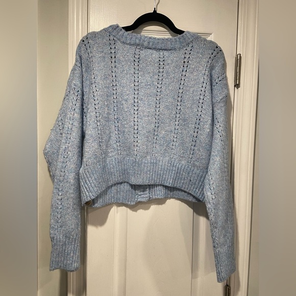 NWT Derek Heart Size L Oversized Cropped V Neck Pointelle Cardigan Light Blue - Picture 5 of 10